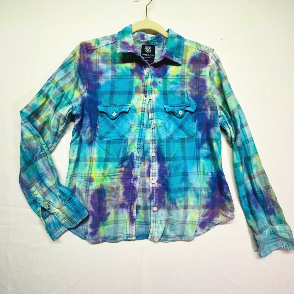 American Eagle Long Sleeve Overdyed Mermaid Blue Flannel Women's Junior's M